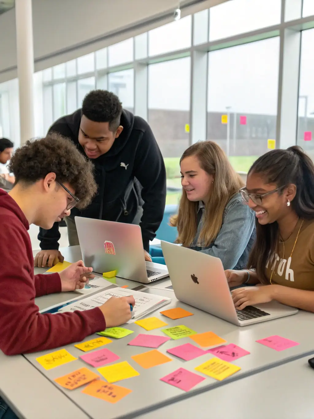 A group of students participating in a collaborative coding session, brainstorming solutions and sharing knowledge.