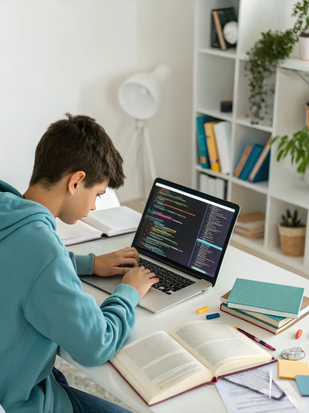 A student enthusiastically coding on a laptop, surrounded by multiple monitors displaying lines of HTML, CSS, and JavaScript code, representing the frontend development pathway.