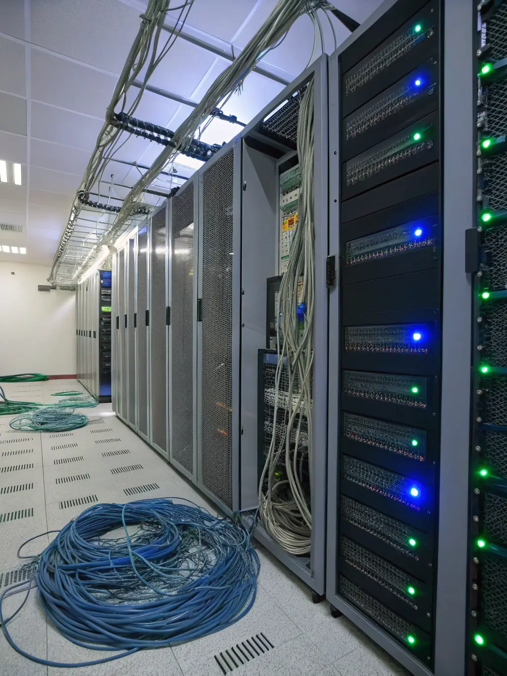 A server rack glowing with activity, showing data processing and network communication, symbolizing the backend development pathway.