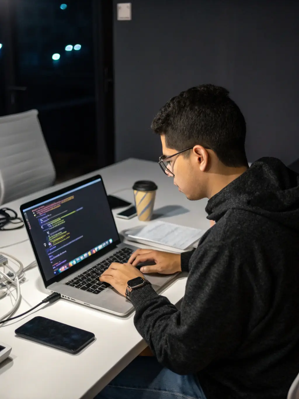 A close-up shot of a student coding with multiple monitors displaying lines of code, highlighting the intensity and focus required in the modules.