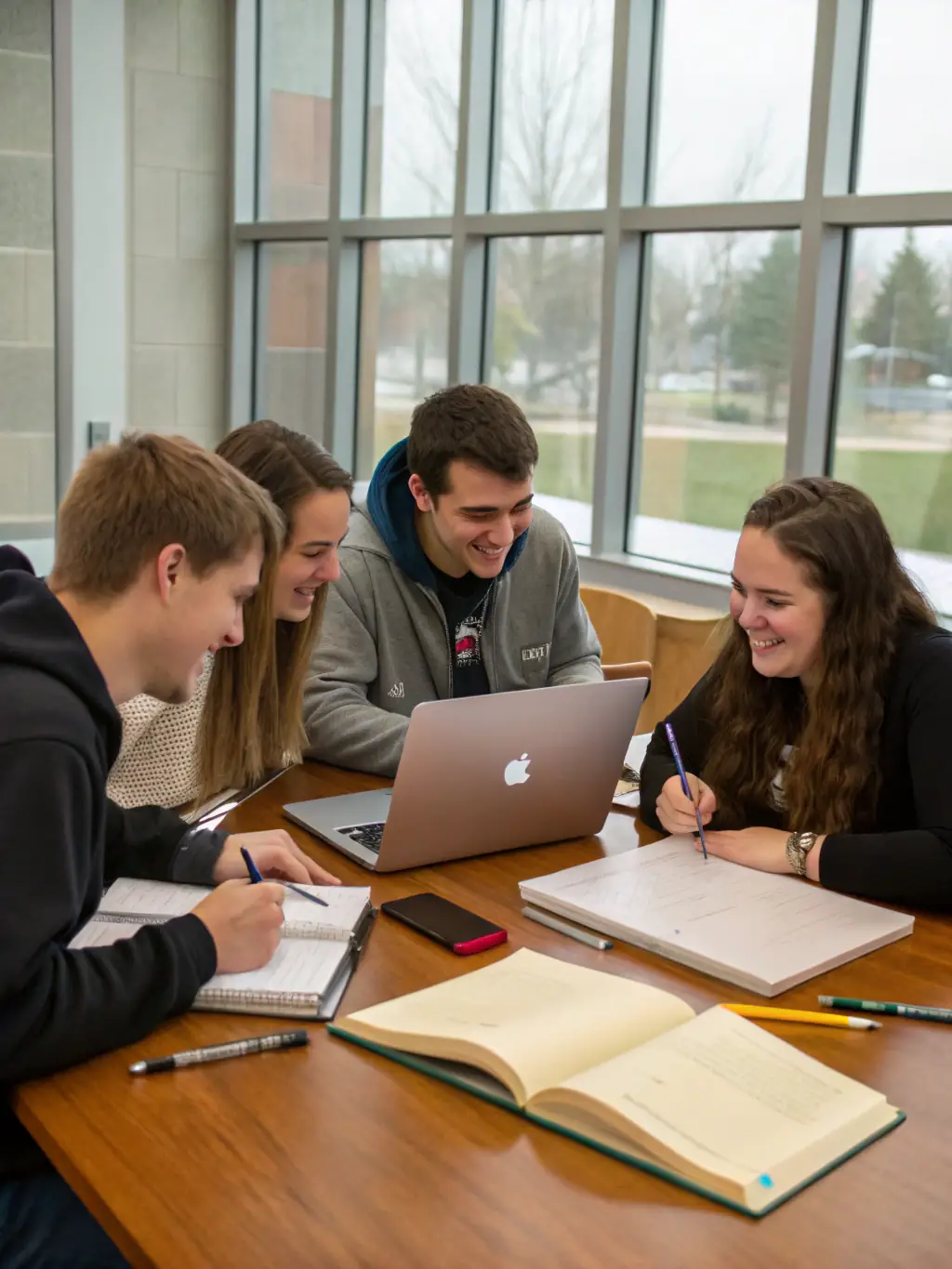 A group of students collaborating on a project, emphasizing the importance of teamwork and project-based learning in achieving learning outcomes.