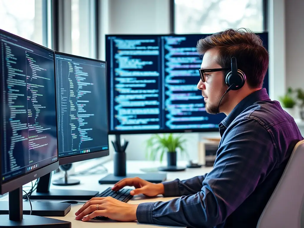 A focused image of a developer immersed in backend code, with server logs and database schemas visible on the screen. The atmosphere is technical and detail-oriented, highlighting the complexity and power of backend systems.