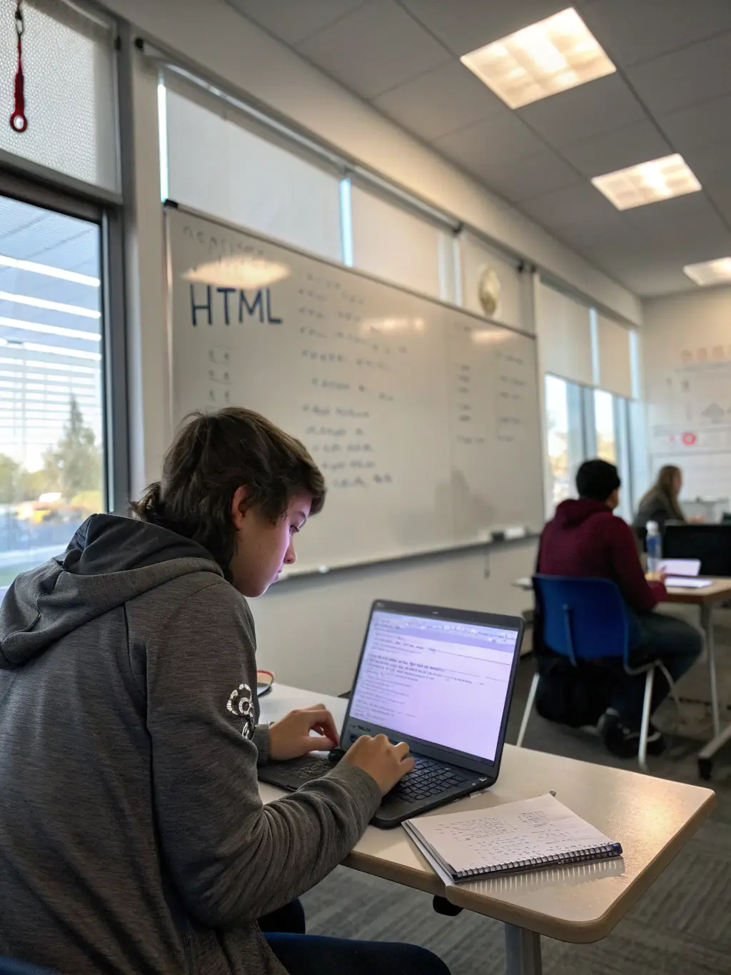 A student successfully coding a frontend project, showcasing HTML, CSS, and JavaScript skills in a modern web development environment, emphasizing the visual and interactive aspects of the curriculum.